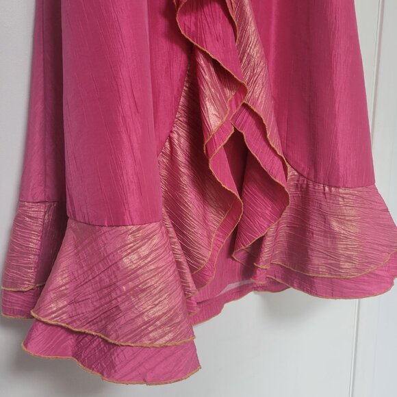 Nubiano New York Fuchsia Ruffled Bohemian Midi Skirt with Gold Trim - Picture 6 of 15